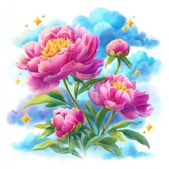 Fototapeta premium Delicate pink peonies bloom against a dreamy, light-blue sky with fluffy clouds and golden stars