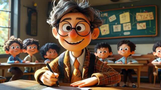 Animated scene of a friendly teacher in a classroom with attentive students, in cartoon style,