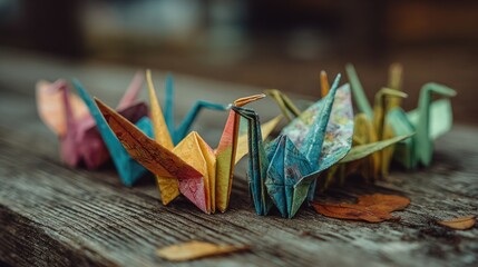 Colorful Origami Cranes On Wood