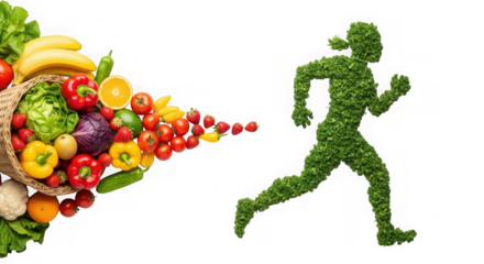 Healthy lifestyle with a cornucopia of fresh fruits and vegetables flowing towards a runner made of green leaves, isolated on transparent background