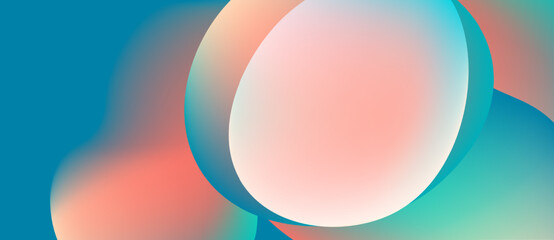 Abstract fluid shapes blend, creating soft gradients. Colors range from turquoise to peach, evoking calm atmosphere. Minimalist design.