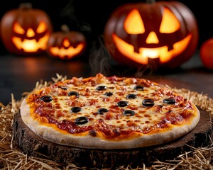 Halloween party pizza funny scary food background. Fe. Spooky gathering flatbread comical frightful cuisine backdrop. autumnal celebration themed snack holiday feast creepy decoration