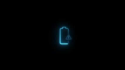 Neon battery icon with exclamation mark warning. Error icon in battery. Neon battery low warning alert animation.