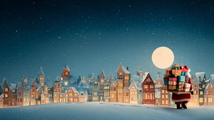 Santa Claus walks through a snowy village delivering gifts during Christmas season under a moonlit sky - Powered by Adobe
