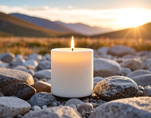 A white candle glows amidst smooth stones at sunset, mountains in the background