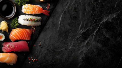 Sushi Plate, assorted sushi on black slate