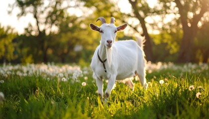 Obraz premium A white goat gracefully ambles through a meadow filled with dandelions bathed in warm sunlight.