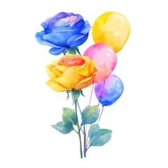 Watercolor bouquet of vibrant roses and balloons