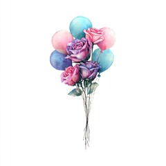 Watercolor bouquet of roses and balloons