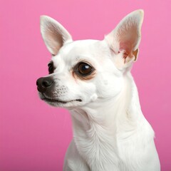 A white Chihuahua, head and shoulders, gazes subtly to its left against a vibrant pink backdrop