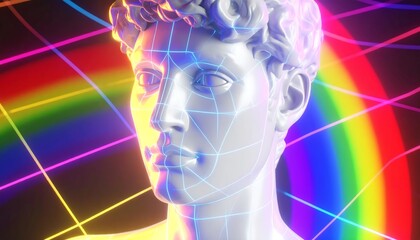 A white classical bust is superimposed with a wireframe, set against a vibrant, multicolored, retro-styled background