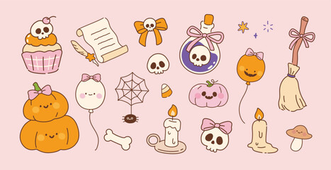 Set of Cute Halloween Decor.Vector Illustration.