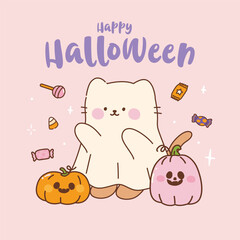 Cartoon Cat Dressed a Ghost. vector Illustration.