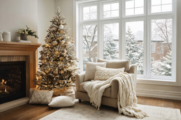 beautifully decorated christmas tree stands elegantly next to cozy fireplace adorned with soft glowing lights and