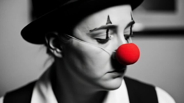 Black and White Clown Portrait Series: Exploring Sadness and Joy Through Gestures and Expressions, Capturing the essence of a clown with artistic hat and minimal red nose, the contrast between dark