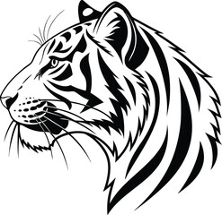 Striking Black and White Illustration of a Tiger Head Profile with Detailed Stripes and Whisker Accents Depicting Strength