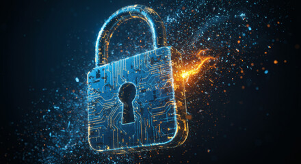 Digital Security Circuit Board Padlock with Exploding Data Particles