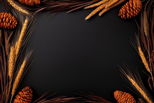 Thanksgiving frame border black background with ornam. Autumnal harvest edging dark backdrop decorative element holiday thankful occasion rectangular shape picture surround design