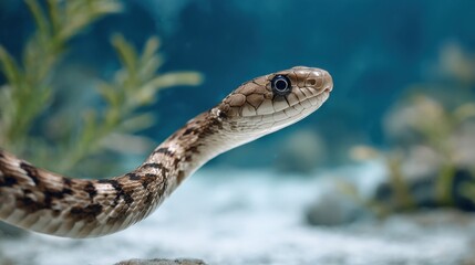 Obraz premium Close-up View of Snake in Underwater Environment with Green Plants