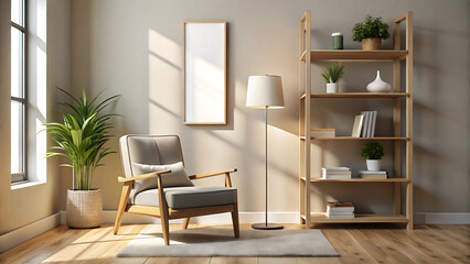 Minimalist Reading Nook Mockup With Tall Vertical Poster Frame Design 