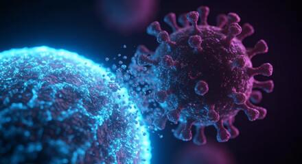 Intricate 3D visualization depicting a viral entity aggressively engaging with a host cell, symbolizing infection, immune response, and the microscopic battle within the body