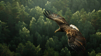 Fototapeta premium Golden eagle soaring through the forest, a symbol of freedom and power in its natural habitat, with wings spread wide