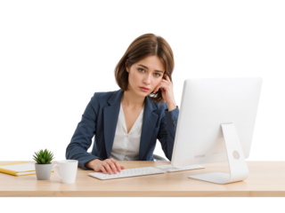 Businesswoman lost in thought at her workstation with transparent isolated background and clean