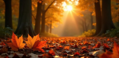 Golden hour light filters through maple leaves scattered on forest floor, shadow, peaceful, orange