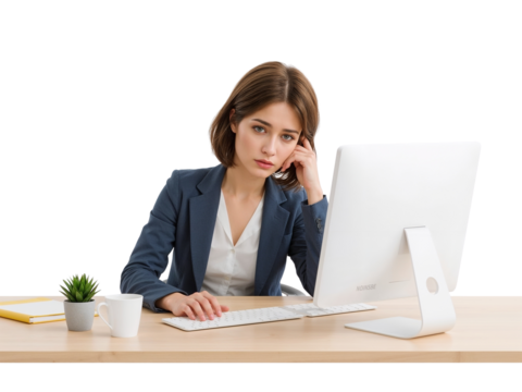 Businesswoman lost in thought at her workstation with transparent isolated background and clean