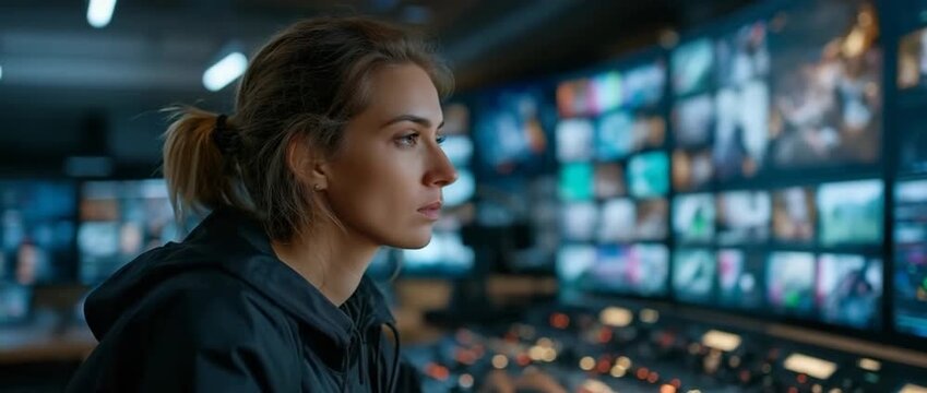 A proficient female video editor employed in a high-tech control room