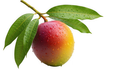 A ripe mango with green leaves and water droplets, isolated on transparent background