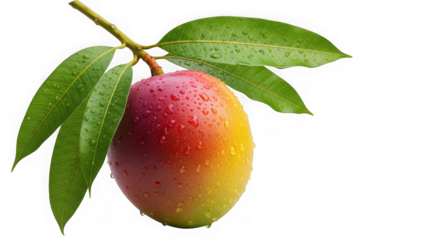 A ripe mango with green leaves and water droplets, isolated on transparent background