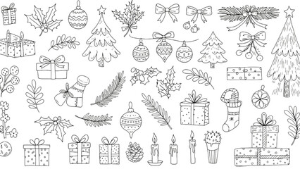 Christmas elements with holiday symbols ornaments trees holly pine leaves gifts and candles in minimal black outline style festive illustration for cards wrapping paper and decorations