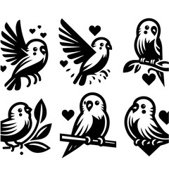 Illustration showing six birds in various poses with hearts in a black and white vector design style