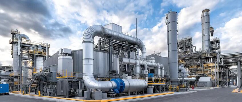An emphasis on the exhaust system of asphalt factories, which incorporates cutting-edge carbon capture technology to demonstrate the systems that filter and trap CO2 emissions during manufacturing