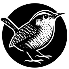 Illustration of a black and white wren bird perched inside a black circle with detailed feathering and line work