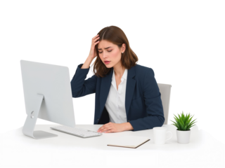 Stressed businesswoman working isolated transparent background portraying project failure anxiety,