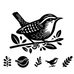 Illustration of a carolina wren perched on a branch with additional bird and leaf elements below it