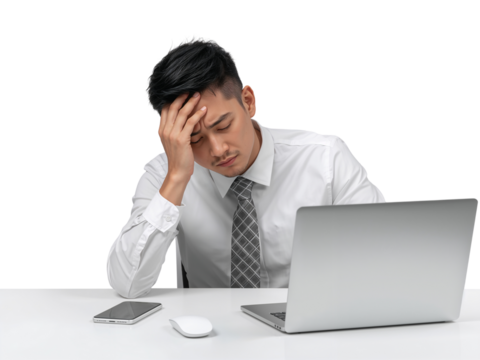 Frustrated businessman with headache looking at laptop isolated transparent backdrop