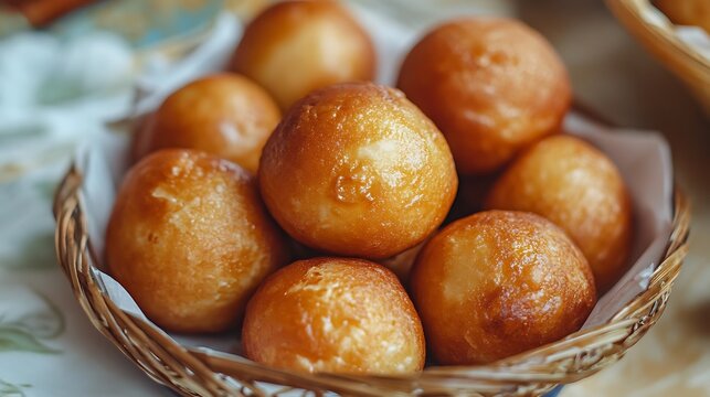 Freshly Baked Baursaks in Wicker Basket, Traditional Kazakh Cuisine, Golden Brown Delights