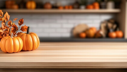 Wood table with copy space in autumn kitchen with pum. Rustic timber surface blank area fall cookery interior gourd season thanksgiving backdrop tabletop cuisine home october