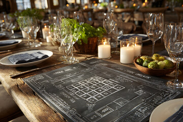 Kreidetafel für ein Tischgedeck zu einem Wildessen