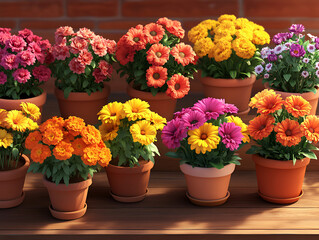 Colorful Potted Flowers Arrangement on Wooden Surface Bright Garden Display