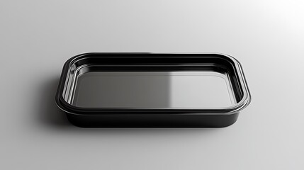 Clean Black Plastic Food Container, Rectangular Tray Isolated on White Background, Minimalist Style