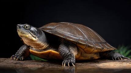 Close-up of a Turtle on a Log with Dark Background in Nature