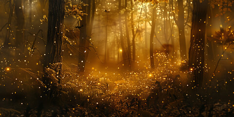 Magical forest bathed in golden light with glowing particles, evoking wonder and enchantment.