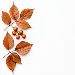 Fototapeta premium Autumn composition. Dried leaves flowers rowan berrie. Autumnal arrangement withered foliage bloom mountain ash fruit seasonal still life nature botanical decoration fall harvest