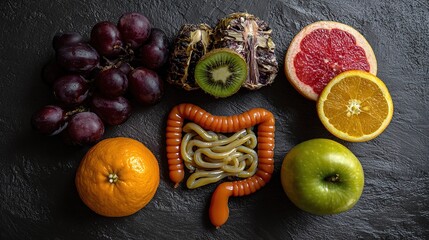 Four vibrant protective fruits surrounding a stylized digestive system with health and prevention symbolism