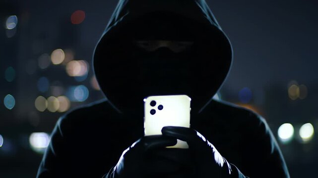 Anonymous hooded hacker in a mask using a smartphone at night with city lights background