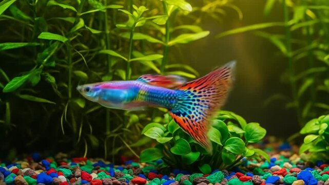 Guppy fish swimming in a home aquarium with lush greenery and colorful gravel substrate showcasing